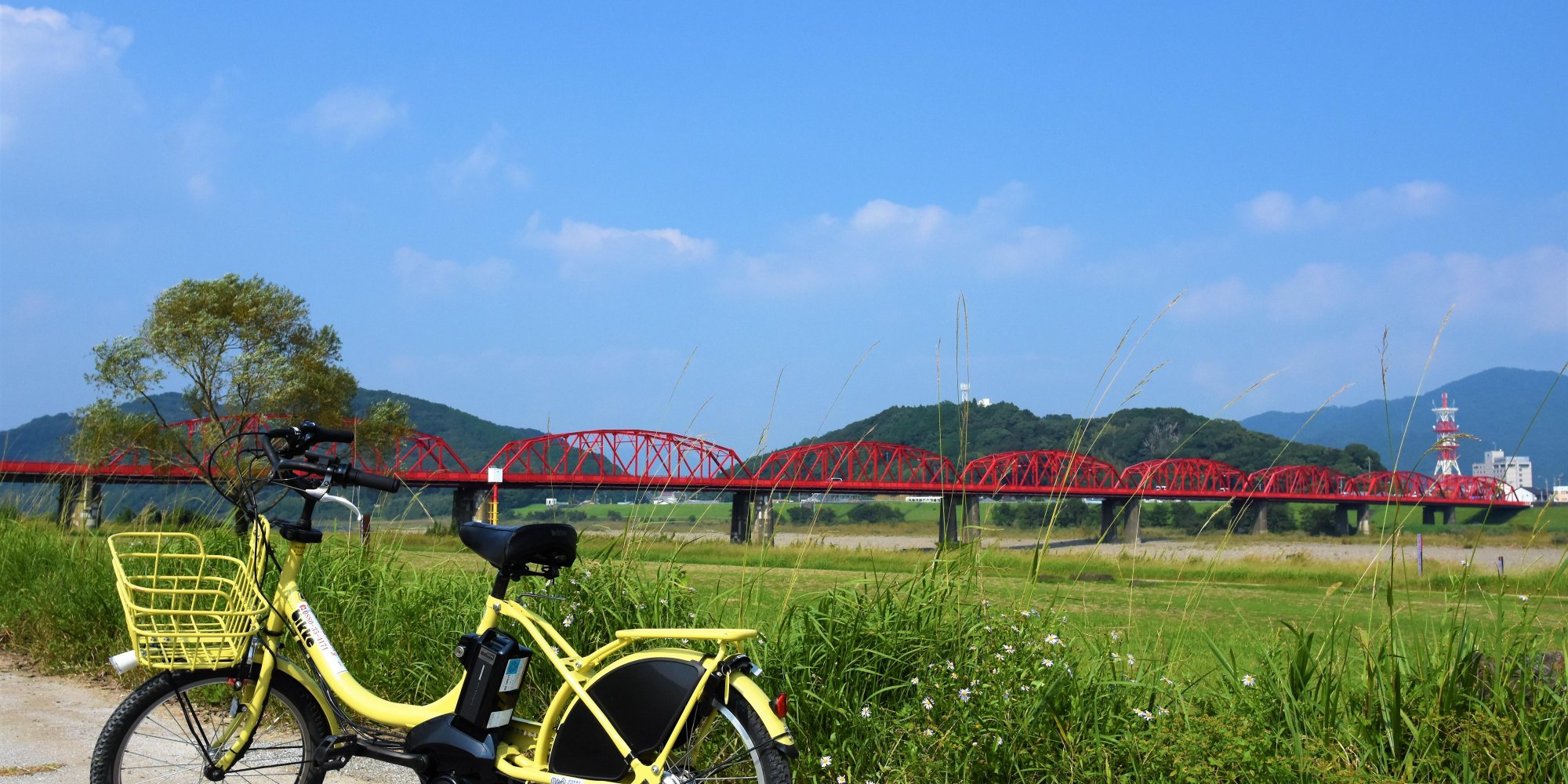 在四万十川爽快地骑自行车！