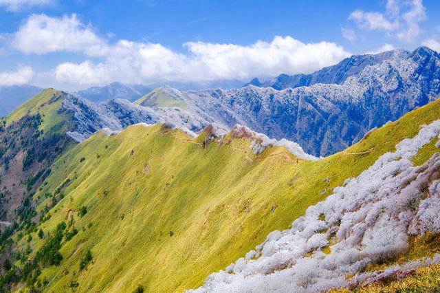 The harmony of icy blue and lush green on Mt. Iyo-Fuji