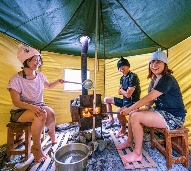 Sauna tent and locally-roasted coffee by the Niyodo River